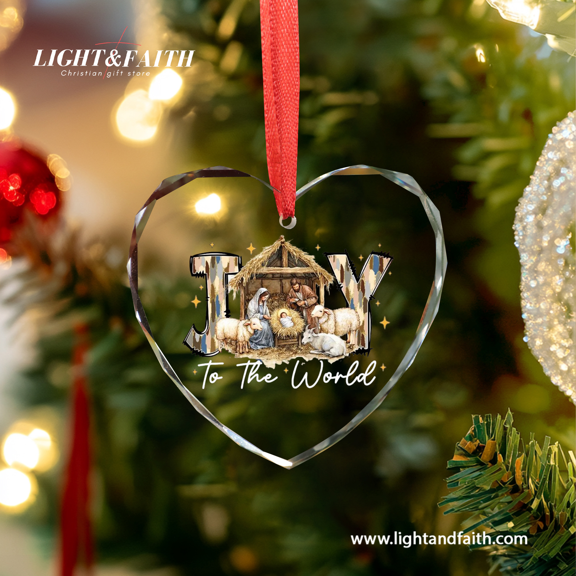 Joy to the World Glass Ornament, Nativity Scene Christmas Decor, Holy Family Ornament, Christian Faith Gift, Religious Christmas Tree Decoration DCLAF49